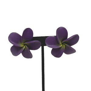 Elenas Poly Clay Earrings Flowers Purple Green Pierced Silver Tone‎ Handmade